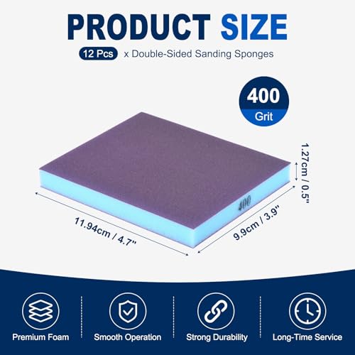 12Pcs 400Grit Double-Sided Sanding Sponges, Washable & Reusable - size: 400Grit