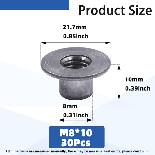 Glarks 30pcs M8 x 10mm Round Base Weld Tee Nut, Carbon Steel Through Hole Tee Nut, Flange Insert Female Thread T-Nuts for Hardware Fitting Fastener, Wood Furniture, Hardware Accessories - size: M8 x 10mm
