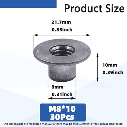 Glarks 30pcs M8 x 10mm Round Base Weld Tee Nut, Carbon Steel Through Hole Tee Nut, Flange Insert Female Thread T-Nuts for Hardware Fitting Fastener, Wood Furniture, Hardware Accessories - size: M8 x 10mm