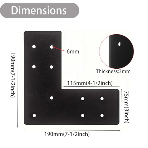 4pcs Heavy Duty Flat L Shape Flat Post Brackets, 7.5x7.5' Black, Steel, Wall Mount, Knee Braces, Decorative Shelf Brackets - color: Flat