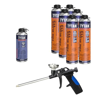 Fire Block 113 Orange Fire Blocking Foam Sealant – 24 oz Gun-Grade Polyurethane Foam for Gaps, Cracks, Walls, Joints, Electrical Outlets & PVC Pipe (6x24 oz) + Precision Max Gun & Cleaner - style: 6 Can Kit