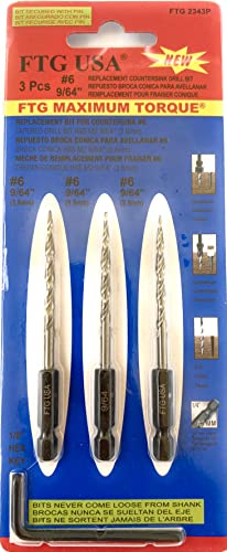 FTG USA 3 Pc #6 (9/64") Replacement Tapered Countersink Drill Bit Hex Shank - size: #6, style: 3 Piece Same Size