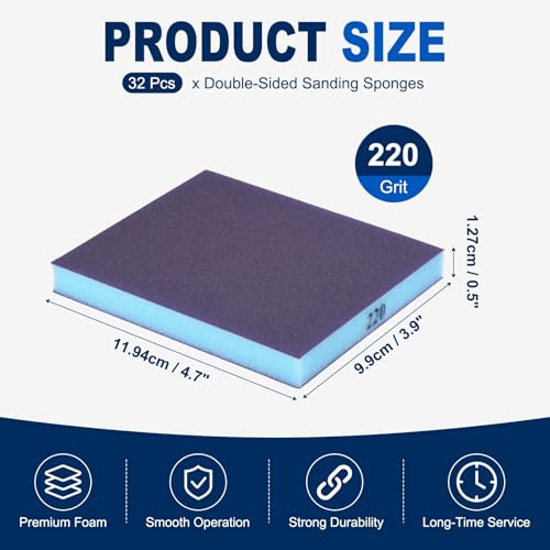 32Pcs 220Grit Double-Sided Sanding Sponges, Washable & Reusable - size: 220Grit
