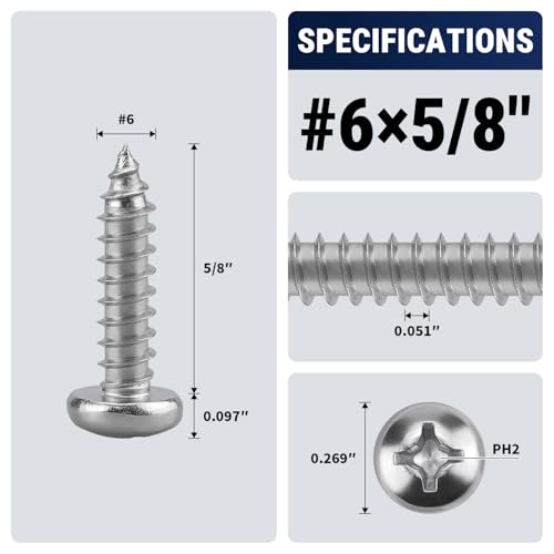 #6 x 5/8" (100 Pack) Stainless Steel Phillips Pan Head Wood Screws, Stainless Steel 304 (18-8), Pan Head Sheet Metal Screws Self Tapping for Wood - size: #6 x 5/8"