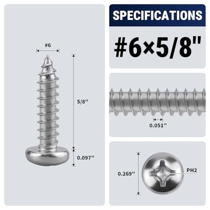 #6 x 5/8" (100 Pack) Stainless Steel Phillips Pan Head Wood Screws, Stainless Steel 304 (18-8), Pan Head Sheet Metal Screws Self Tapping for Wood - size: #6 x 5/8"