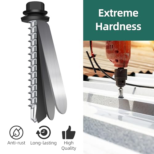 100-pack #10 x 1 Hex Head Self-Drilling Metal Roofing Screws with EPDM Washer, Black Coated Wood Screws, Self Tapping Sheet Metal Roof Screws (Diamond Point) - color: Black, size: #10 x 1"