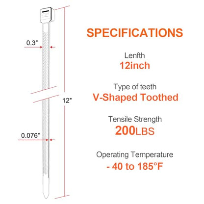 Zip Ties Heavy Duty 12 inch，V-Shaped Toothed Double Sided 200 LBS