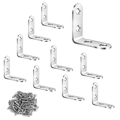 10pcs L Brackets - Corner Brace Set, Heavy Duty Right Angle Brackets (90 Degree) for Wood Shelves & Dressers, Stainless Steel, 40x40mm, Includes 40 Screws - size: 40x40x16mm（1.57"x1.57"x0.63"）