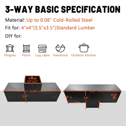 3-Way Pergola Bracket,T-Shaped Woodwork DIY Bracket for 4" x 4“(Actual:3.5" x 3.5”) Lumber,Metal Gazebo Bracket for Outdoor Pergolas,Porchs W/Hardware -1Pack… - size: 4"x4" 1pcs, style: 3-way T-Shaped Bracets