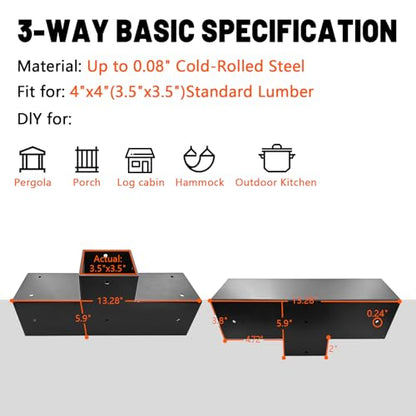3-Way Pergola Bracket,T-Shaped Woodwork DIY Bracket for 4" x 4“(Actual:3.5" x 3.5”) Lumber,Metal Gazebo Bracket for Outdoor Pergolas,Porchs W/Hardware -1Pack… - size: 4"x4" 1pcs, style: 3-way T-Shaped Bracets