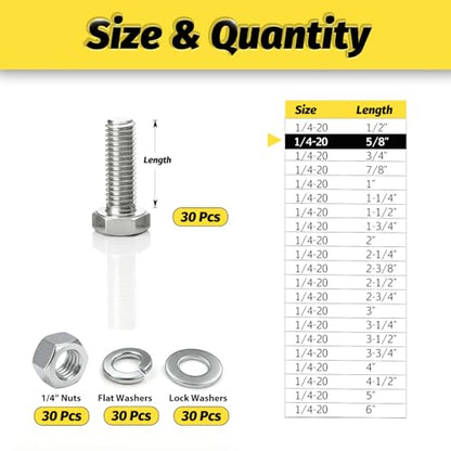 30 Sets 3/8-16x5 Bolt and Nut Set, Flat & Lock Washers Included,120PCS - size: 1/4-20x5/8" 30sets