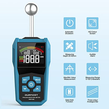Wood Moisture Meter, DURFICST Pinless Moisture Meter with Colour LCD Display and Audible Alarm, Moisture Reader for All Building Materials, Wood, Wall, Plaster, Masonry… - color: Blue