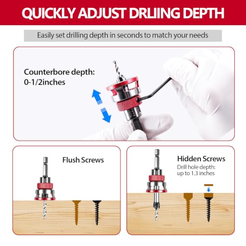 Countersink Drill Bit Set, 4PCS HSS Cutters and Depth Stop for Wood