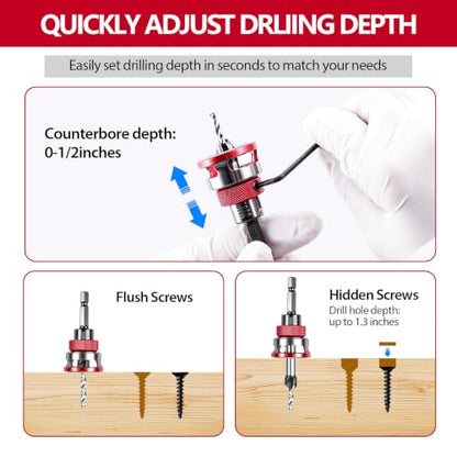 Countersink Drill Bit Set, 4PCS HSS Cutters and Depth Stop for Wood
