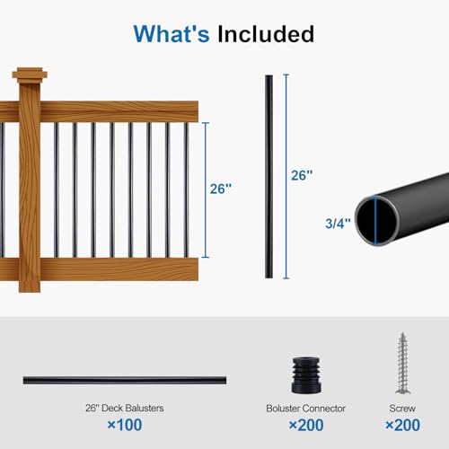 Black Aluminum Deck Balusters 26in x 3/4in, 100 Pack Spindles with Connectors & Screws, Powder-Coated Metal Baluster Replacement Kit for Deck Railing, No-Drill Easy Install - size: 26 Inch