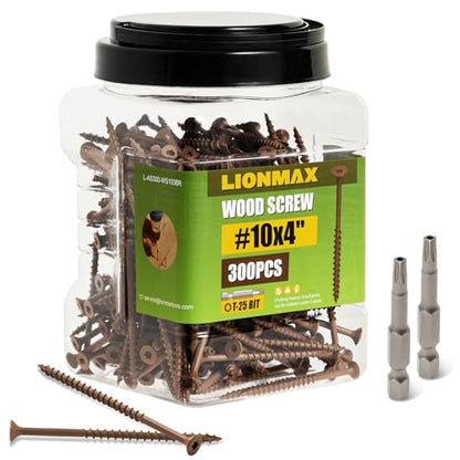 LIONMAX Deck Screws 4 Inch, Wood Screws #10 x 4, 300 PCS, Brown - color: Brown, size: #10 x 4"