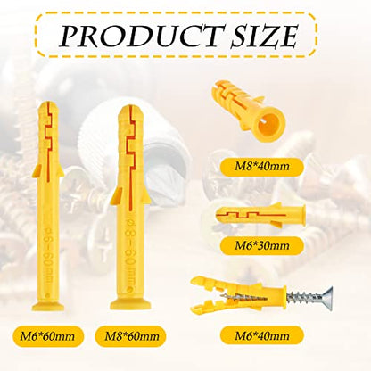 Sasylvia 200 Pcs Plastic Wall Anchors Drywall Kit, 5 Sizes Yellow Anchors