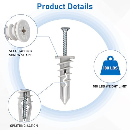 Self Drilling Drywall Anchors, 3 Size 114PCS Heavy Duty Dry Wall Anchors and Screws Kit for Hanging Sheetrock, 57 Self-Tapping Plastic Drywall Hangers and 57 Sheet Rock Screws-50/75/95 Lbs - size: 3size-57pcs