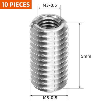 M3-0.5 Female to M5-0.8 Male Threaded Insert Reducing Nut 5mm, Insert Nut Screw Reducer Conversion, Stainless Steel, 10 PCS - size: M3 x M5 x 5mm