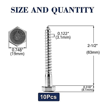 1/2" x 2-1/2" Hex Head Lag Screws Bolts 10Pcs 304 Stainless Steel 18-8, Partial Thread, Hexagon Head Wood Screws by SG TZH - size: 1/2-13 x 2-1/2"