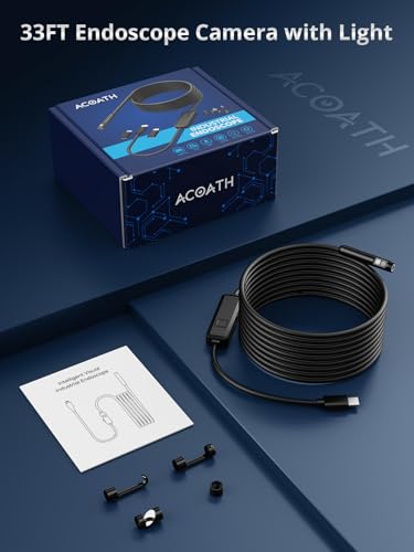 Acoath Endoscope Camera with Light, Dual-Lens 1920P HD Borescope with 8 Adjustable LED Lights, IP67 Waterproof Boroscope Inspection Tools, 33ft Semi-Rigid Snake Camera for iOS & Android - size: 33FT Snake Camera