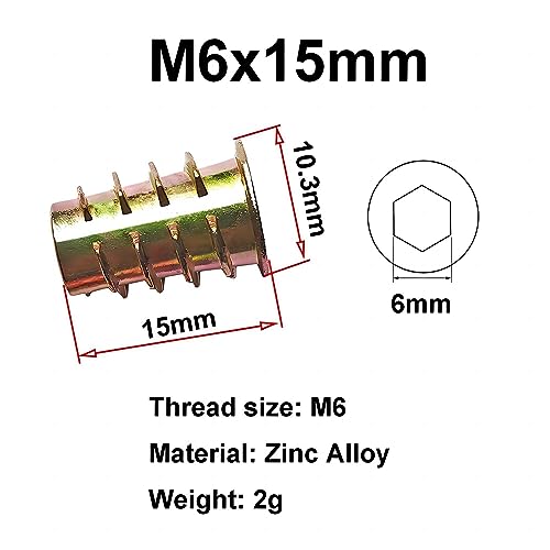 QRITY 20 Pcs Zinc Alloy Threaded Insert Nuts, M6 x 15mm, Hex Socket Drive, Woodworking - size: M6 x 15mm