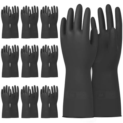 Beieverluck 10 Pairs Chemical Resistant Gloves, Reusable Heavy Duty Rubber Work Gloves with Textured Palm, Black Cleaning Dishwashing Gloves, Medium - size: Medium
