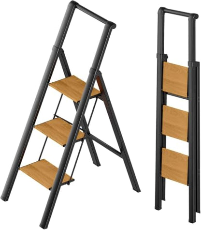 SOLADDER Folding 3 Step Ladder with Handrails,Foldable Step Stool - color: Black&woodgrain, size: 3 Step
