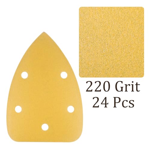 24pcs Mouse Detail Sander Sandpaper - [5-Hole 220 Grit] Aluminum Oxide Triangle Hook and Loop Sanding Pads Sheet for Sanding and Polishing Wood Furniture Metal Use - size: 220 Grits