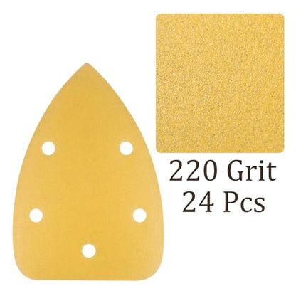 24pcs Mouse Detail Sander Sandpaper - [5-Hole 220 Grit] Aluminum Oxide Triangle Hook and Loop Sanding Pads Sheet for Sanding and Polishing Wood Furniture Metal Use - size: 220 Grits