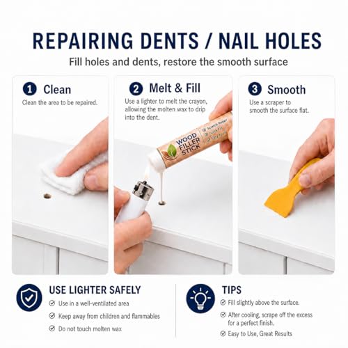 White Wood Filler Sticks 3 Pack, Quickly White Wax Fill Stick, Wood Repair Kit for Scratches, Crack, Scuffs, Gouges on Wooden Funiture, Floors, Cabinets, Tables, and Doors