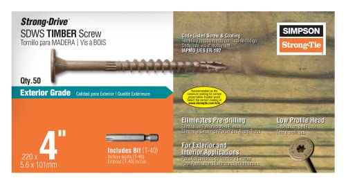 Simpson Strong-Tie SDWS22400DB-R50 Strong-Drive SDWS Timber Screws (Exterior Grade), 0.220 Inch x 4 Inch, Double-Barrier Coated, Washer Head, Sawtooth Point, Tan (Pack of 50)