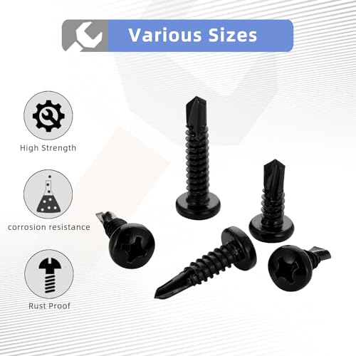 Mellewell #8 x 1/2" Pan Head Self Drilling Screws, Self Tapping Sheet Metal Screws, Black Finish 410 Stainless Steel, 100 PCS - color: Black, size: #8 x 1/2"