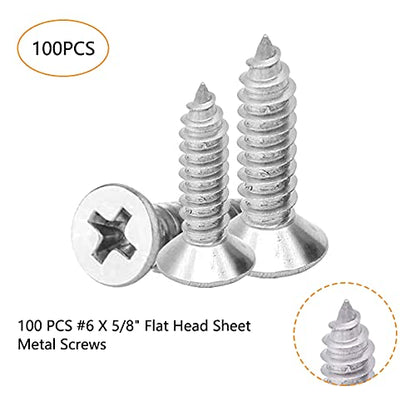 #6 X 5/8" Stainless Steel Wood Screw 100 pcs - Flat Head Self Tapping Screw Metal Screws, Pointed Tail, Full Thread - size: #6 X 5/8