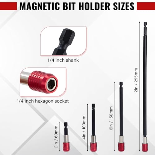 Magnetic Drill Bit Extension Set 4 Pcs (2/4/6/12’’), 1/4’’ Hex CR-V Steel Quick Release Bit Holder for Impact Driver, Screwdriver Bit Nut Drill Socket