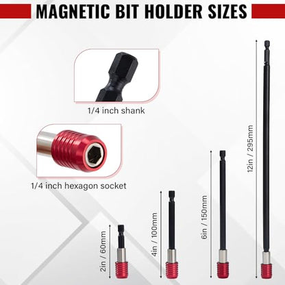 Magnetic Drill Bit Extension Set 4 Pcs (2/4/6/12’’), 1/4’’ Hex CR-V Steel Quick Release Bit Holder for Impact Driver, Screwdriver Bit Nut Drill Socket