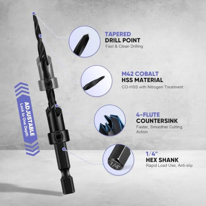 Countersink Drill Bit Set 22PCS with 20 Wood Plugs & 80 Screws for Wood
