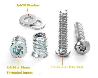 1/4-20 Threaded Inserts for Wood with Bolts Fully Threaded Button Head Hex Socket Screws 2" and Washers 40-Set - size: Threaded Insert & 2" Bolts