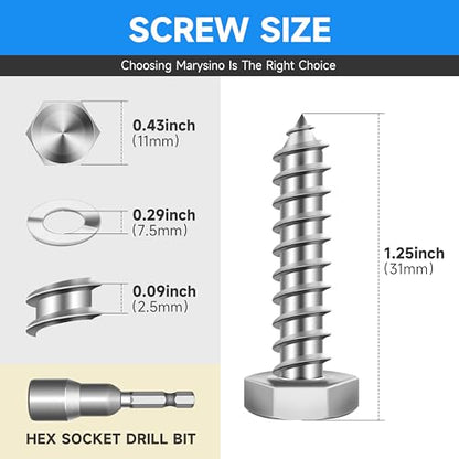 (20-Set) 1/4 x 1-1/4" Lag Screws, Stainless Steel Heavy Duty Hex Head Lag Bolts for Wood, ASME B18.2.1 Commercial/Industrial Grade Mounting Screws Bolts Kit by Marysino - color: Silver, size: 1/4 x 1-1/4"