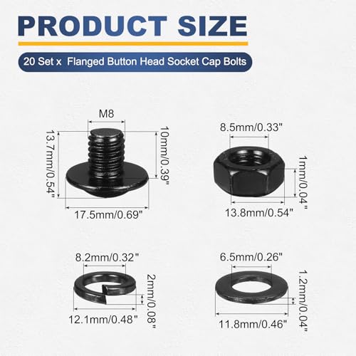 M METERXITY 20 Set M8 x 10mm Flanged Button Head Socket Cap Screws, Black 304 Stainless Steel 18-8 Hex Socket Head Screws Bolts, Nuts, Flat & Lock Washers for DIY, Furniture, Automotive - size: M8 x 10mm