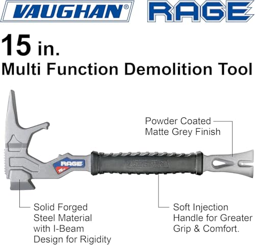 Vaughan 15 Inch Multi-Function Demolition Tool, Hammer, Nail Puller, Multi-Use, Heavy Duty Construction, DIY Hand Tools - Blue 050042