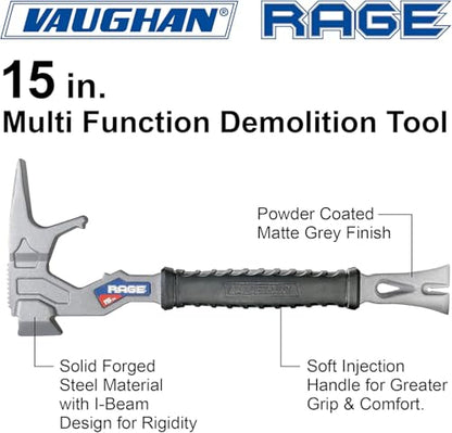 Vaughan 15 Inch Multi-Function Demolition Tool, Hammer, Nail Puller, Multi-Use, Heavy Duty Construction, DIY Hand Tools - Blue 050042