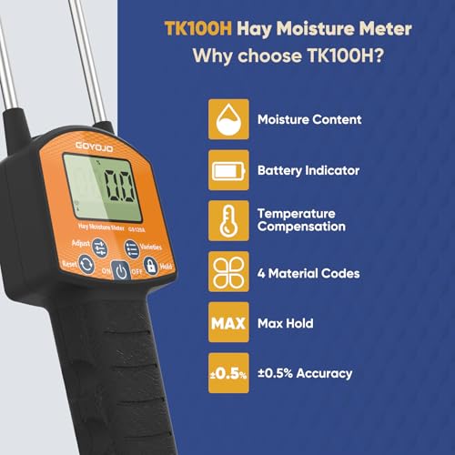 GS120A Hay Moisture Tester Meter – Portable Digital Probe Tester with LCD, 0-80% Moisture Range, for Alfalfa, Leymus, Orchard Grass, Straw Bales Fast Accurate Digital Sensor Hay bale Moisture Meter