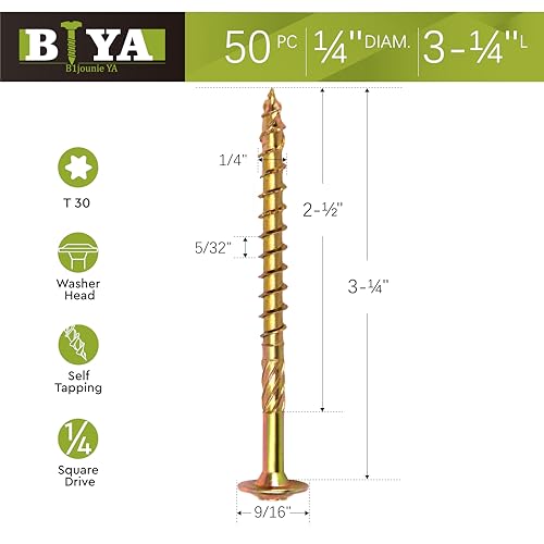 Structural Lag Screws 1/4" x 3-1/4" 50PCS Heavy Duty Wood Screws - size: 1/4" x 3-1/4" - 50 SCREW COUNT