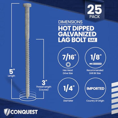 Conquest 1/4"-10 x 5 Lag Bolts, Hot Dip Galvanized, Coarse Threads Hex Head, Corrosion-Resistant for Outdoor, Wood, and Structural Projects (25 Pack) - size: 1/4"-10 x 5"