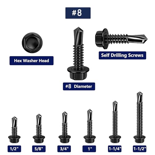 100pcs 410 Stainless Steel #8x1-1/2 Self Drilling Screws for Metal Plates Black hex Head High Strength & Corrosion Resistant self Tapping Screw (Hex #8x1-1/2) - size: Hex #8x1-1/2"