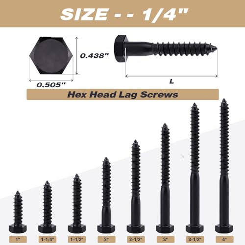 20-Sets 1/4 x 2 Hex Lag Screws and 1/4" ID Flat Washers, 304 Stainless Steel 18/8, Black Coated, Heavy Duty Wood Screws for Deck/Fence/Floor, by AOESIN - size: 1/4 x 2"