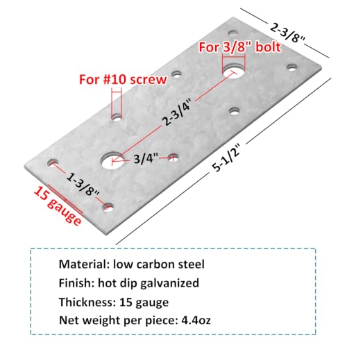 10 Pack 5-1/2" Flat Tie Mending Plate Bracket for Wood, Galvanized Steel