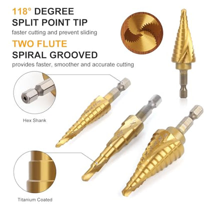 3PCS Step Drill Bit Set, 1/4" Hex Shank High-Speed Steel Spiral Grooved Step Drill Bit, Step Bits for Metal, Wood, Plastic, Aluminium, Unibit Cone Drill Bits with 31 Step Sizes Total - style: 3PCS Step Drill Bits Spiral