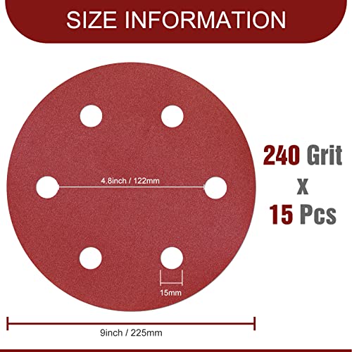 Awutzut 9 Inch 6 Hole Sanding Discs 240 Grit Hook and Loop for Drywall Sander 15PCS - style: 240 Grit